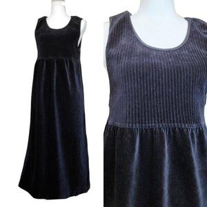 Vintage‎ 90s Black Velour Ribbed Babydoll Midi Dress Sleeveless Layering Small